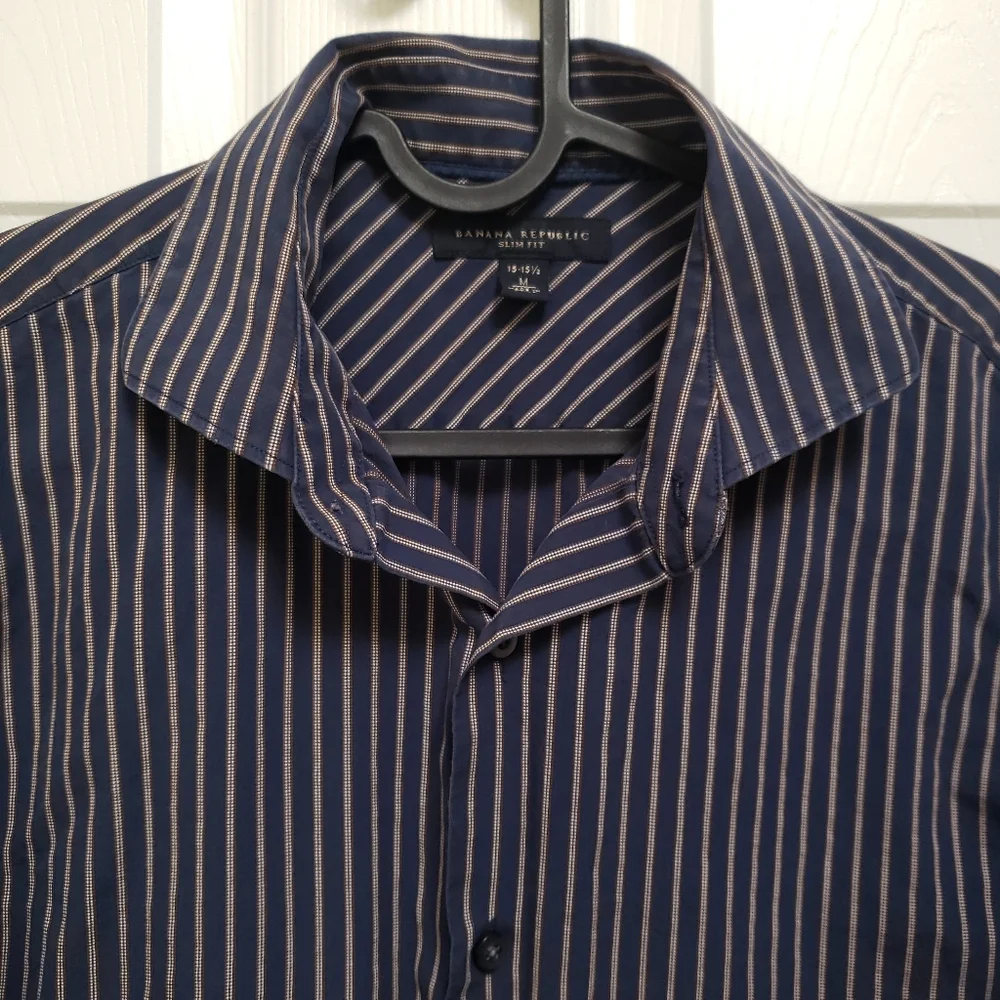 Banana Republic Navy Blue Striped Cotton Long Sleeve Dress Shirt